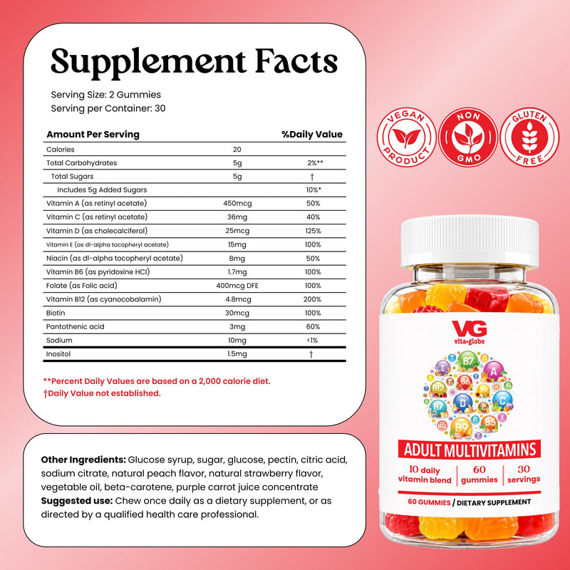 VITA GLOBE Adult Multivitamin Gummies with 9 Vitamins A C D E B6 B12 | Non-GMO, Vegan, Chewable Daily Vitamins with Folic Acid, Biotin & Zinc, Immune Support, 120 Count 60 Count (Pack of 1)