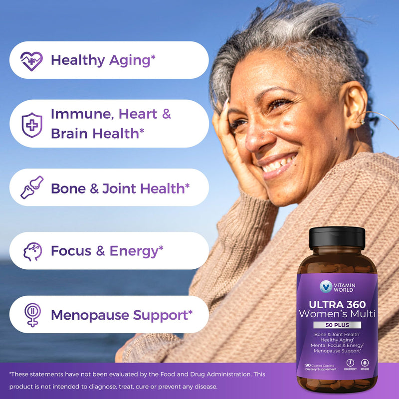 Vitamin World Ultra 360 Multivitamin for Women 50 Plus, Menopause Support | Women's 50+ Multivitamin with Minerals & Herbs, Vitamin B, D, E & Zinc for Healthy Aging, 90 Caplets 90 Count (Pack of 1)