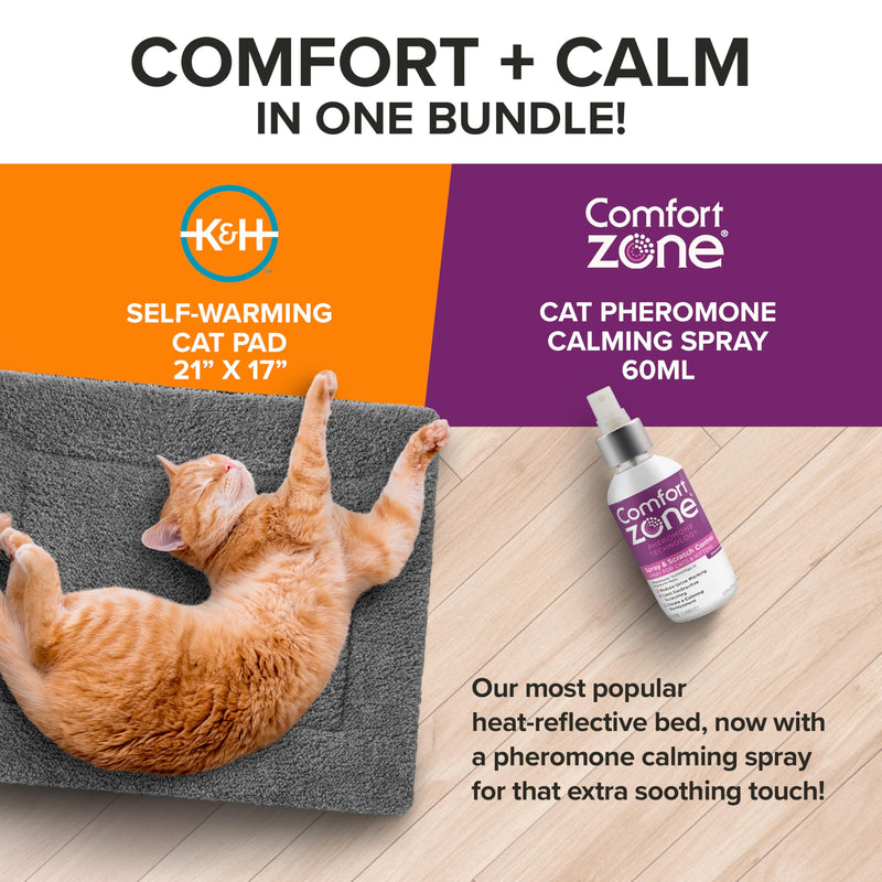 K&H Self-Warming Cat Bed Pad + Comfort Zone Cat Calming Pheromone Spray Bundle - Includes Self Heating Mat for Indoor Pets and Calming Spray, 60ml - Reduce Stress During Travel, Vet Visits & Home