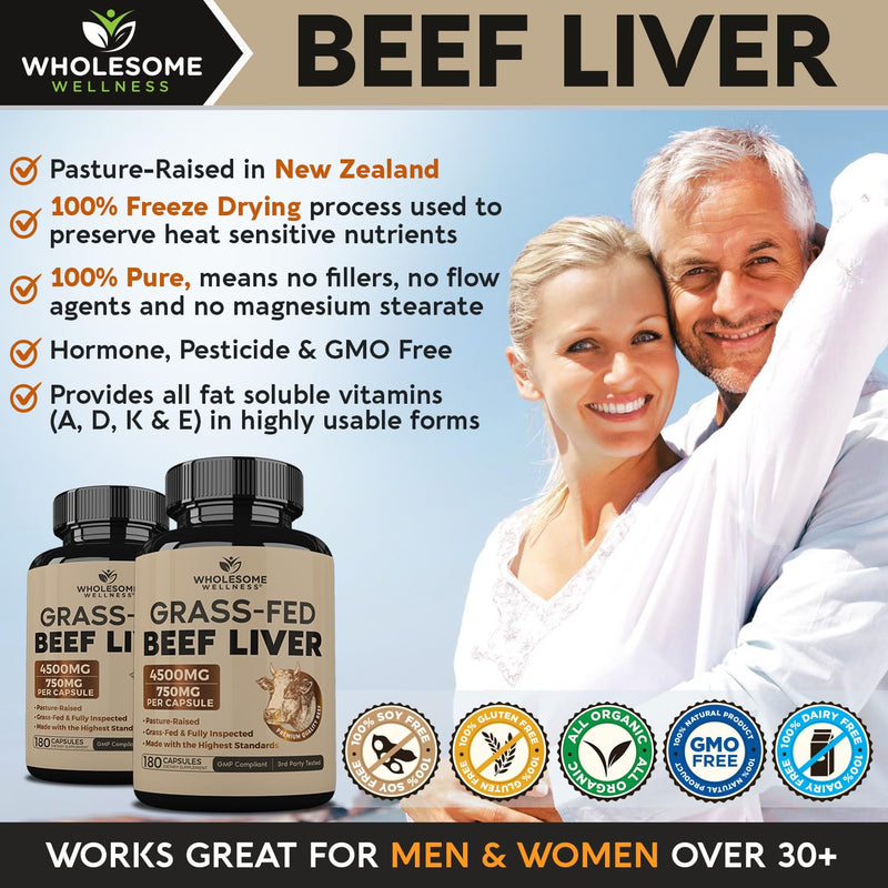 Wholesome Wellness Grass Fed Desiccated Beef Liver Capsules (180 Pills, 750mg Each) - Natural Iron, Vitamin A, B12 for Energy - Raised Undefatted in New Zealand Without Hormones or Chemicals - BeesActive Australia