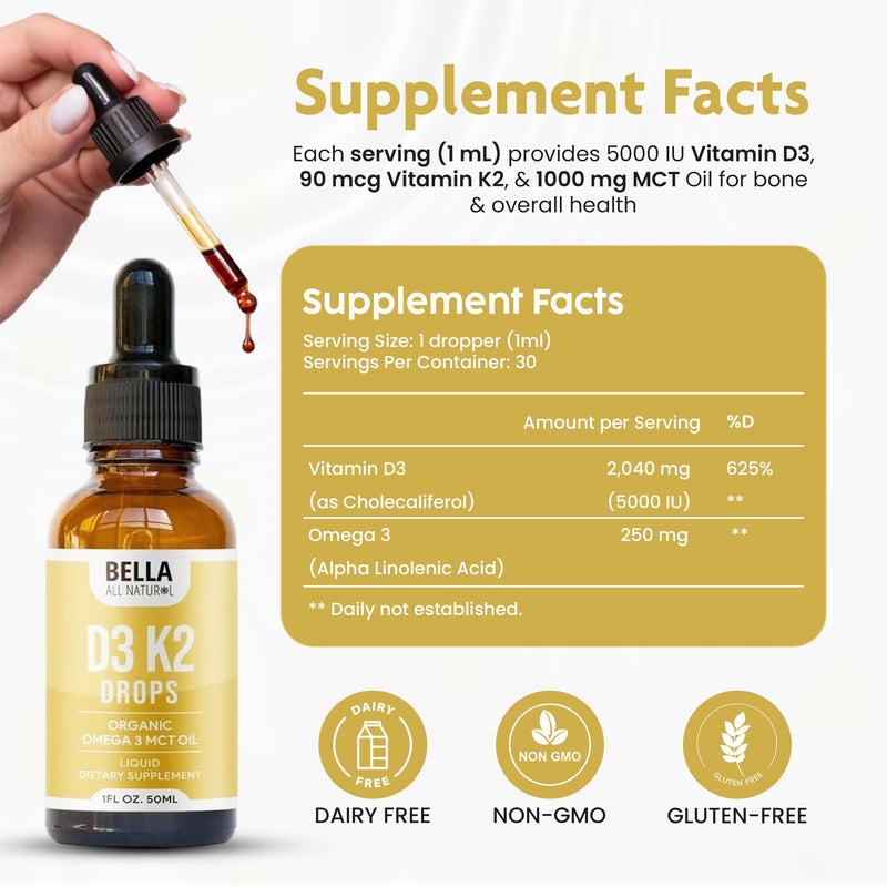 Bella All Natural Vitamin D3 K2 Liquid Drops 5000 IU (Unflavored) - Omega 3 with MCT Oil - Liquid Vitamin D Drops for Adults - This D3 K2 Drops Help Support Heart, Bone & Immune Health