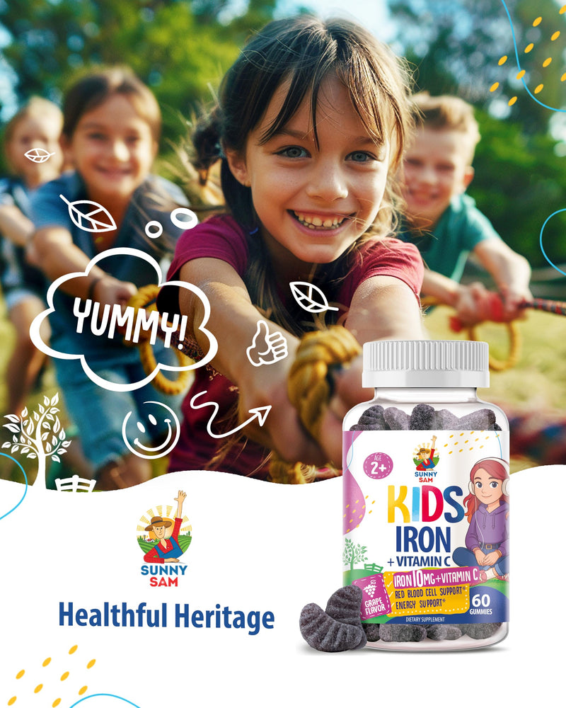 SUNNY SAM Iron Gummies for Kids & Teens - 10mg Iron Vitamins with Vitamin C - Low-Sugar Chewable Gummy Supplement for Immune Support, Supports Red Blood Cell Production for Children & Teen Girls 90 Count (Pack of 1)