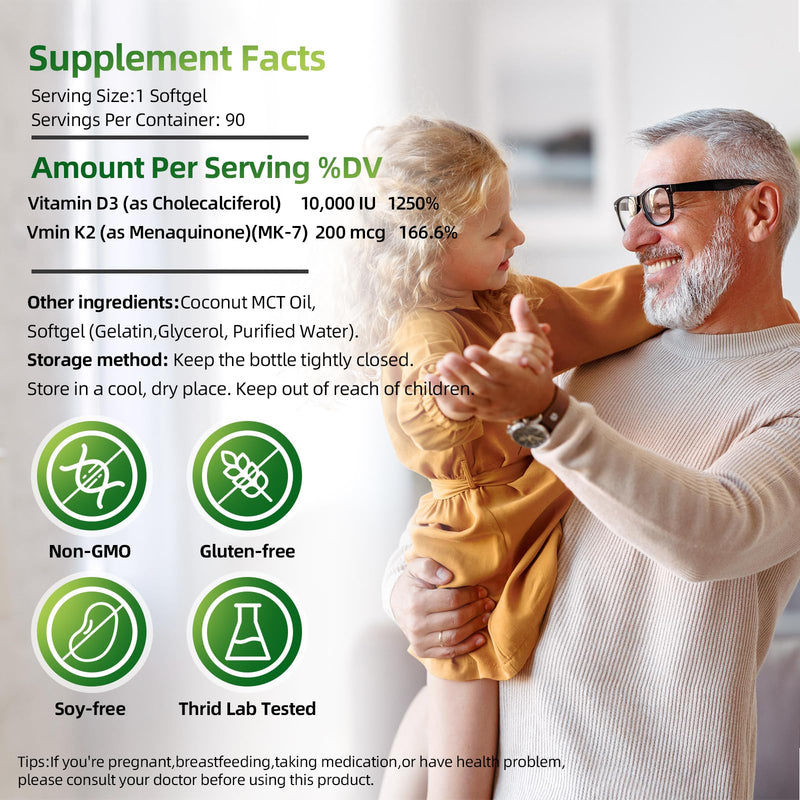 Vitamin D3 K2 10000 lU with NSF Certified for Immune System | K2 MK-7 200mcg, 90 mini softgels, supports immune, digestion & bone health, higher absorption, non-GMO, 3rd-party tested 90 Count (Pack of 1)