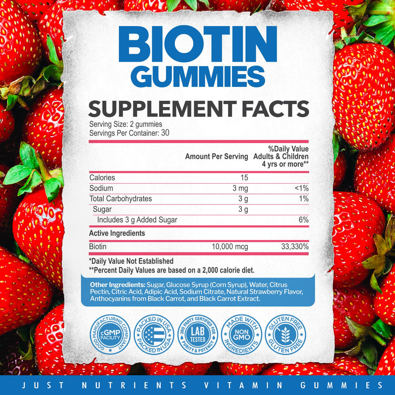 Biotin 10,000mcg Gummies for Hair Growth, Skin & Nails - 2x Maximum Strength Biotin Vitamins for Women & Men - Gluten-Free, Vegan, Non-GMO, Great Tasting Strawberry Flavor - 60 Gummies (1 Month) 60 Count (Pack of 1)