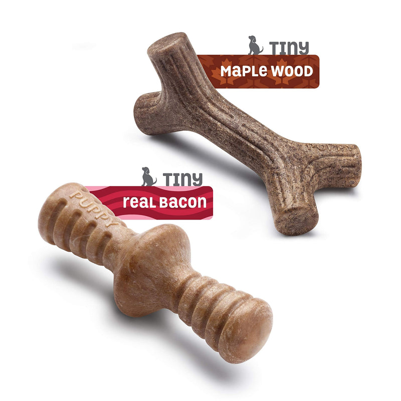 Benebone Puppy 2-Pack Maplestick/Zaggler Durable Dog Chew Toys for Gentle Chewers, Real Bacon, Real Maplewood, Made in USA, Tiny - BeesActive Australia