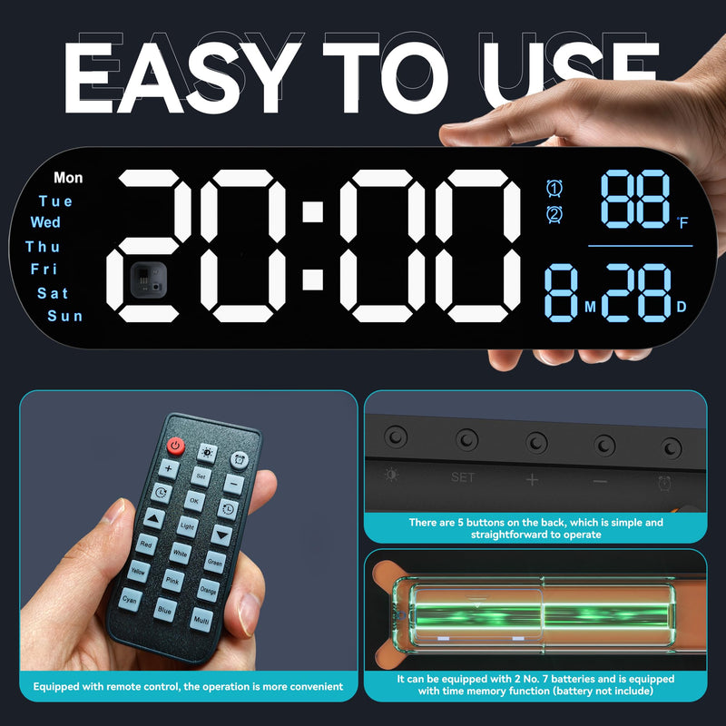 ANALOI Digital Wall Clock Large Display, 13.7 inch Large Digital Wall Clock with RGB Color Changing Remote Control, Date Week Temperature DST, Auto Brightness Dimmer Big Clock with Night Lights Blue - BeesActive Australia