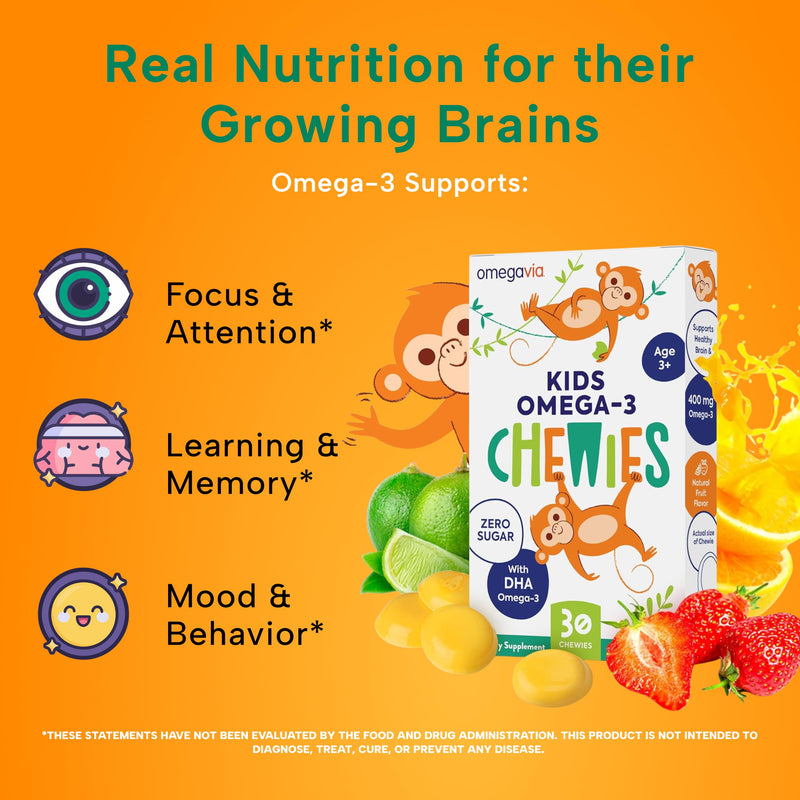 OmegaVia Omega 3 Chewies, Sugar-Free Vitamins for Kids Ages 3-12 (30 Chews) | Daily DHA Chewable for Kids, Brain & Eye Health Support, Natural Fruit Flavor, Omega 3 Fish Oil Chews, 30 Individual Packets 30 Count (Pack of 1)