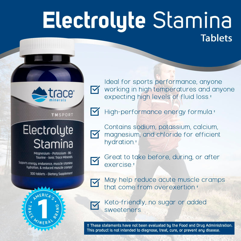 Trace Minerals | Electrolyte Stamina Tablets | Magnesium & Potassium to Promote Energy, Hydration & Muscle Endurance | Vegan, Gluten Free, Sugar Free | 300 count (50-Day supply) 300 Count (Pack of 1) - BeesActive Australia