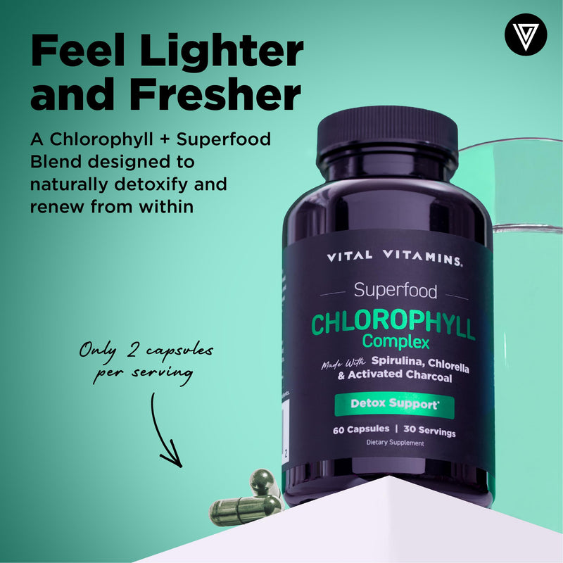 Vital Vitamins Chlorophyll Pills with Spirulina, Chlorella & Charcoal | Detoxifies & Freshens from Within, Natural Body Deodorizer, Superfood Complex for Women & Men, 60 Capsules 60 Count (Pack of 1)