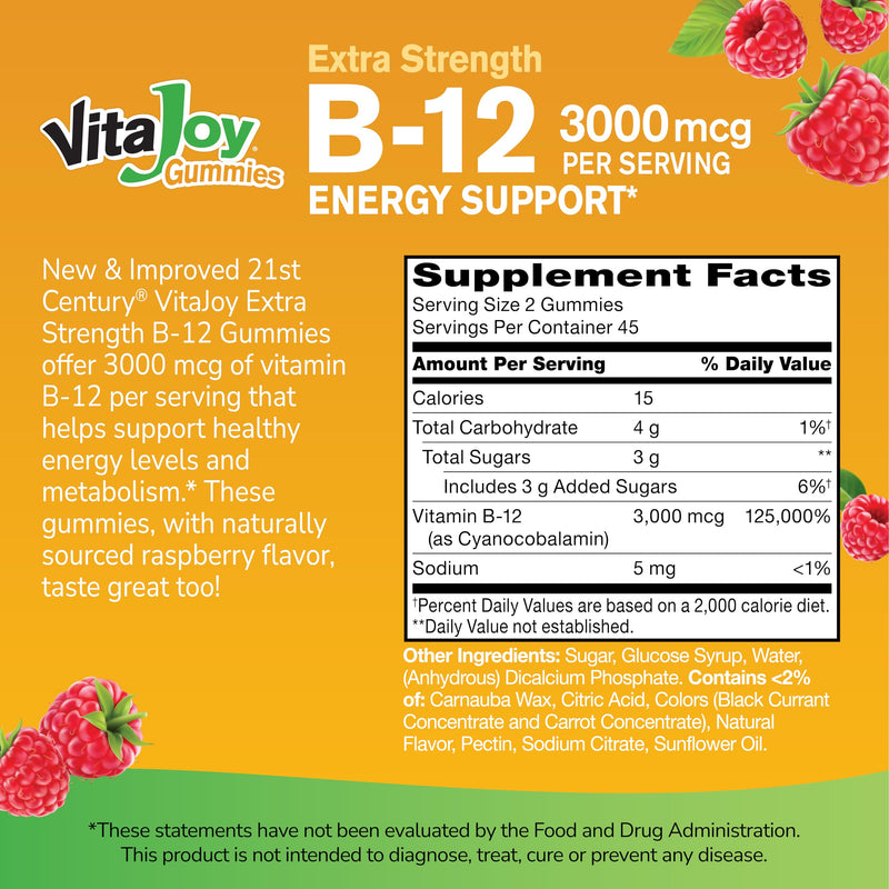 21st Century Extra Strength Vitamin B12 Gummies 3000mcg, Raspberry, 90ct | Extra-Strength Vitamin B12 3000 mcg Gummies, Energy & Nerve Support, Vegan & Gluten Free, A Delicious High-Potency B12 Gummy