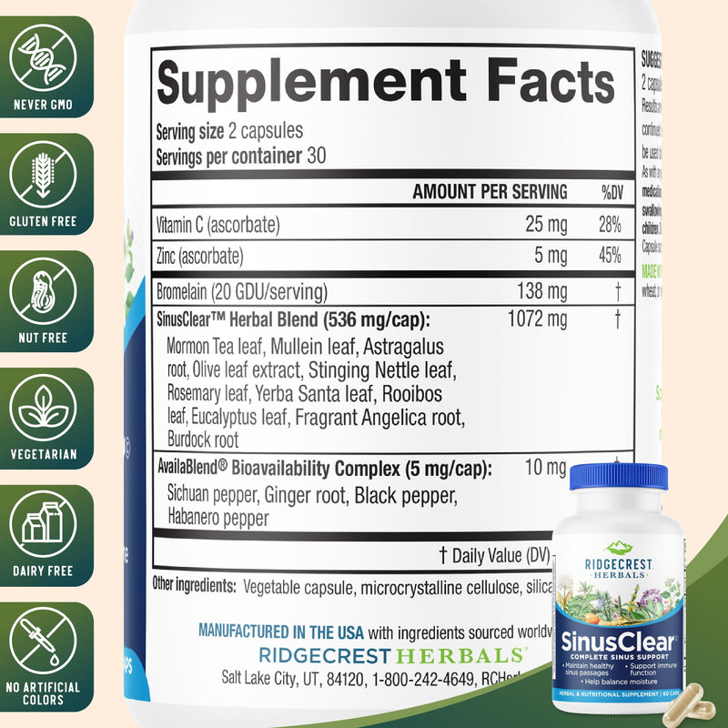 RidgeCrest Herbals SinusClear Mullein Sinus, Nasal and Immune Support 60 Ct | 30 Servings, Mullein Leaf, Bromelain, Vitamin C, Zinc, Natural Mucus and Respiratory Wellness, Vegan Herbal Formula