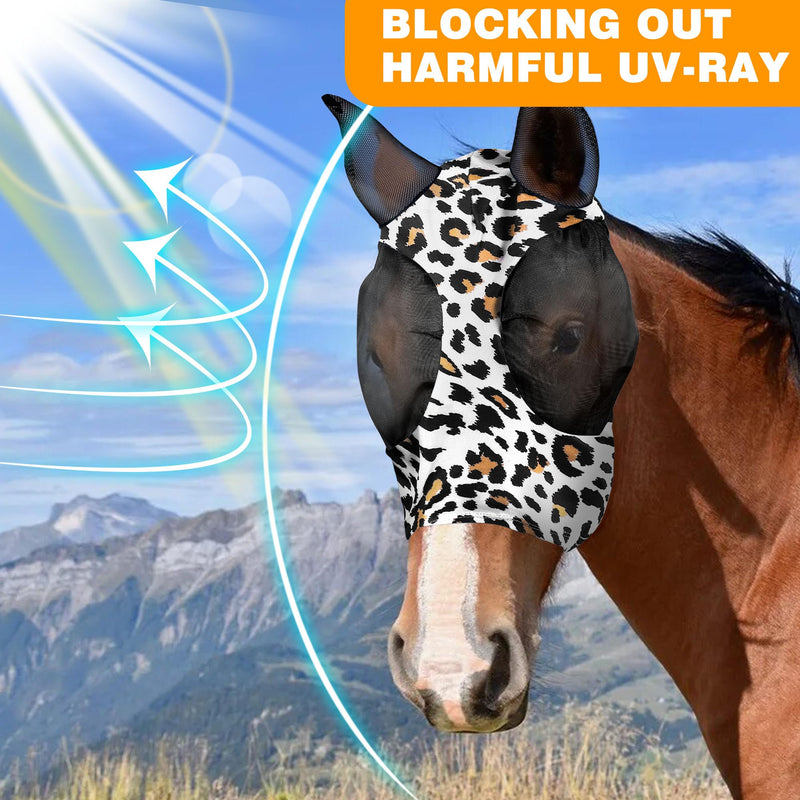 Horse Fly Mask, Softer Stretchy Fly Masks for Horses, Comfortable and Breathable Horse Fly Masks with Ears, Shade and Cooling to Protect The Horse's face from Disturbance, Leopard L - BeesActive Australia