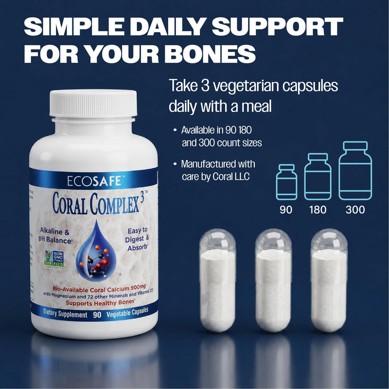 Coral Complex 3 Natural Calcium Supplement, 90 Vegetarian Capsules | Vitamin D3 & Magnesium, Ancient Seabed Coral, 72 Trace Minerals, Bone Health Support 90 Count (Pack of 1)