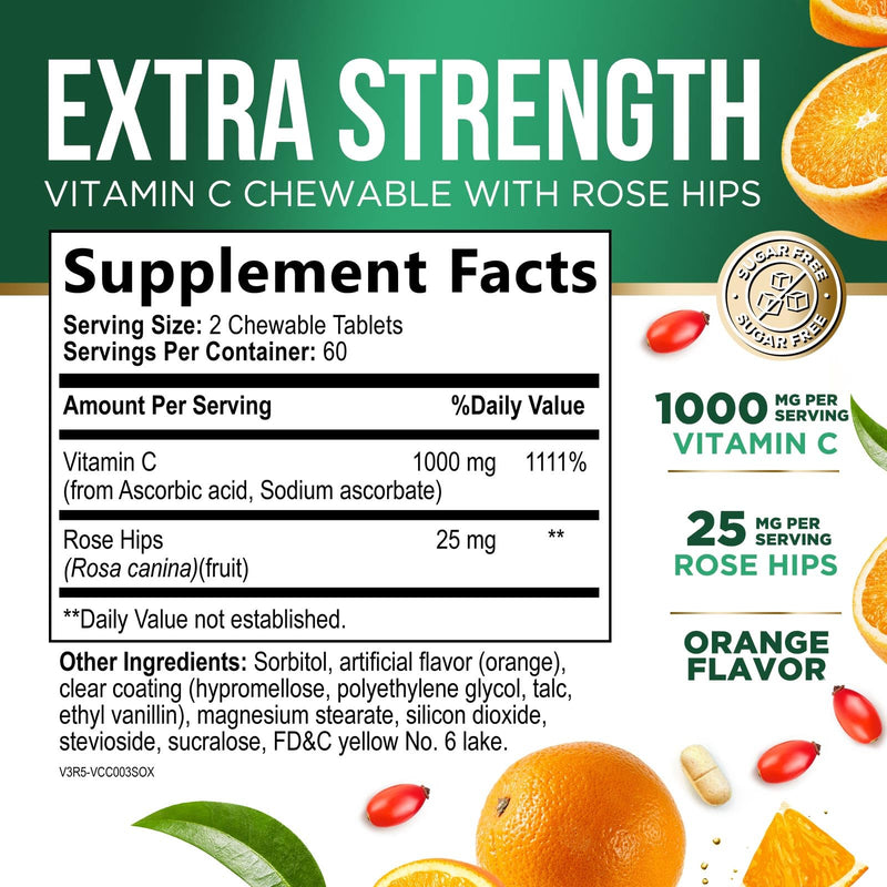 Vitamin C 1000mg Chewable - Sugar Free, Natural Immune Support Supplement with Vitamin C & Rose Hips Bioflavonoids - Extra Strength Antioxidant, Powerful Vit C Chews, Tasty Orange Flavor, 120 Tablets 120 Count (Pack of 1)