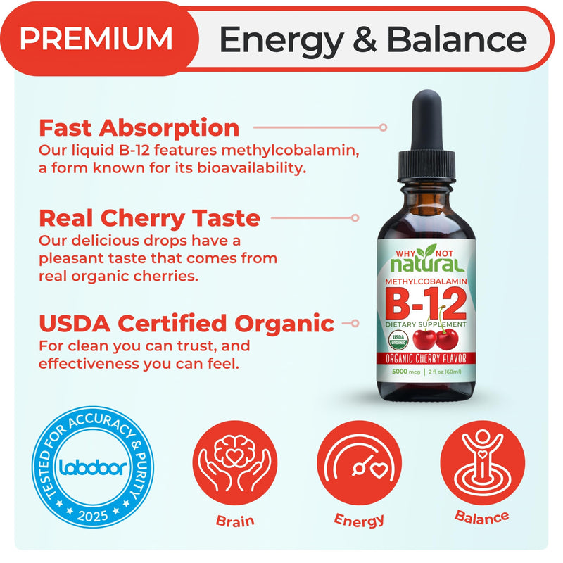 Why Not Natural Organic Vitamin B12 Liquid - Sublingual Extra Strength 60 x 5000 mcg Methylcobalamin Drops, Vegan, Maximize Absorption and Energy 2 Fl Oz (Pack of 1)