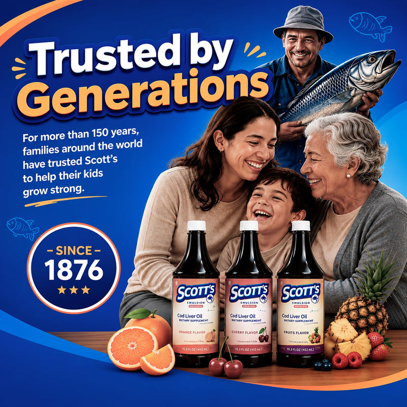 SCOTT'S EMULSION Cod Liver Oil Liquid for Kids – Fruits Flavor – Supports Growth, Immunity & Bone Health – Rich in Omega 3 & Vitamins A+D – Easy-to-Take Fish Oil – 6.5 Fl Oz Fruit Punch 6.5 Fl Oz (Pack of 1)