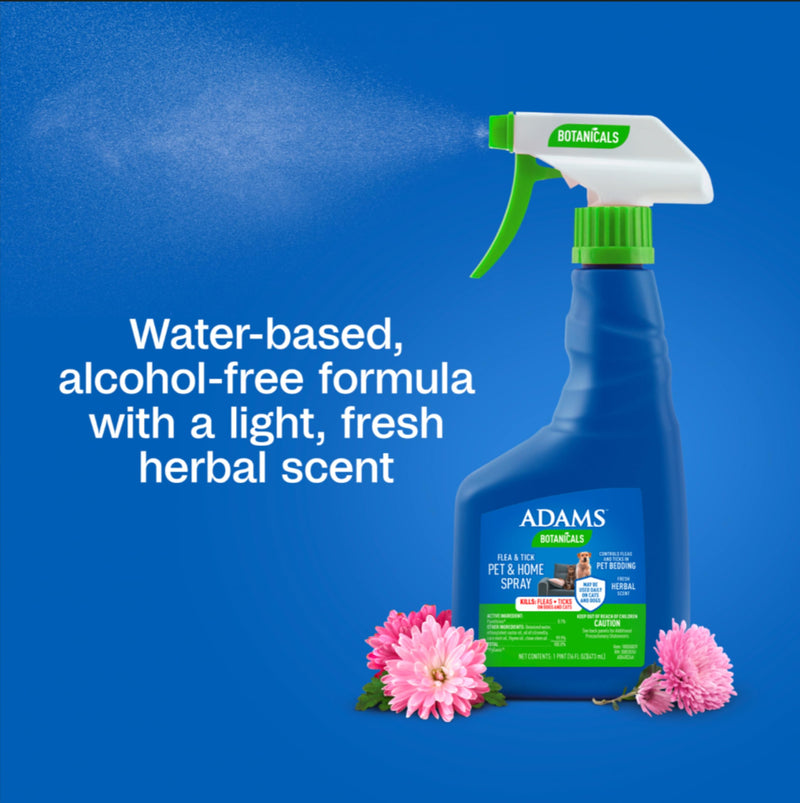 ADAMS Botanicals Flea & Tick Pet & Home Spray, Flea Spray for Dogs, Cats, Puppies, & Kittens, Indoor Home Treatment, Kills Fleas & Ticks on Pet Bedding and Furniture, 16 oz Pet + Home Spray 16 Ounces