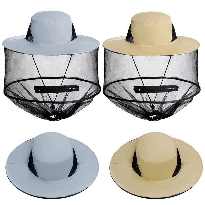 Sucrain 2 Pack Mosquito Head Net Hat Sun Hat Garden Bug Hat with Hidden Net Mesh for Outdoor Gardening Beekeeping 5-5 3/8 Beige + Gray