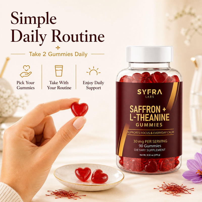 Saffron & L-Theanine Gummies – 200mg L-Theanine + 30mg Saffron Extract per Serving – Supports Calm & Focus – Sugar-Free, Vegan, Berry Flavor – 90 Gummies (45 Servings)