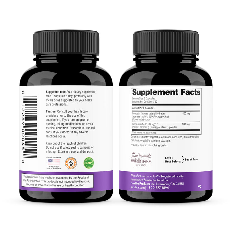 Quercetin with Bromelain 500mg Supplement Capsules 1000mg Per Serving 240Ct | 500mg Combination Supplements 2400 GDU/g Gluten-Free Natural 120 Servings and Encapsulated in USA By Sandhu's 120 Count (Pack of 2)