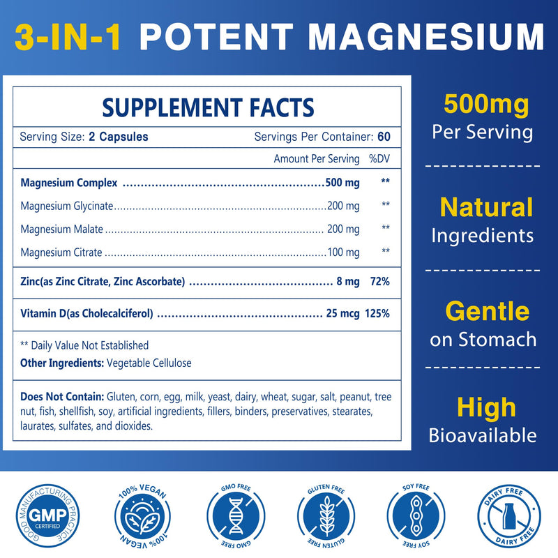 NATURE TARGET Triple Magnesium Complex 500mg, 120 Vegan Capsules | Chelated Glycinate, Malate, and Citrate with Zinc and Vitamin D3 for Muscle, Nerve, Bone, and Immune Support 120 Count (Pack of 1)
