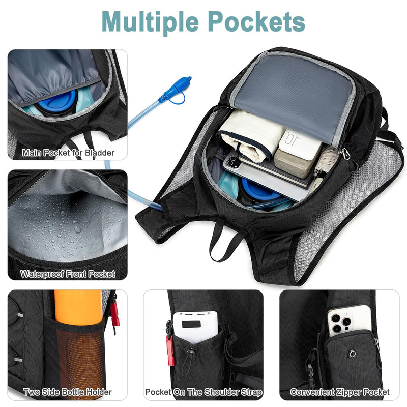 BOVIP Lightweight Hydration Back,15L Multipurpose Hiking Backpack with 1.5L Water Bladder ,Hydro Water Daypack for Cycling Hiking Rave for Men Women Black