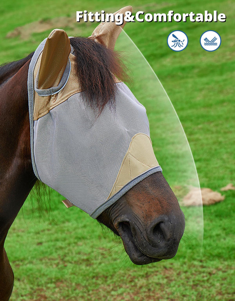 DEERFAMY Fly Masks for Horses,Breathable UV Protection Net Mesh Mask Stretchy Mesh Large Eye Space in Full Coverage,Soft & Gentle on Skin,with Ears,No Nose（Gold, L） Gold Horse(L) - BeesActive Australia