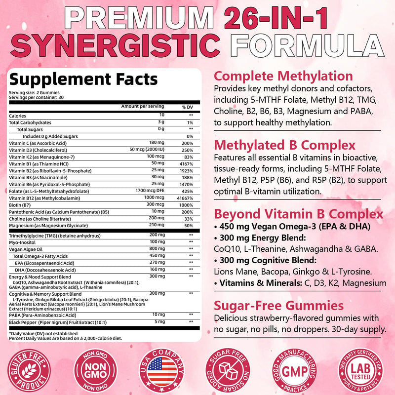 Ultra Methylated Vitamin B Complex Sugar Free Methylation Support Gummies | All B Vitamins + C D3 K2 Ashwagandha Magnesium Omega-3 CoQ10 TMG for Women Men, Methyl B12, L Methyl Folate B1 B2 B3 B5 B6 B7 60 Count (Pack of 1)