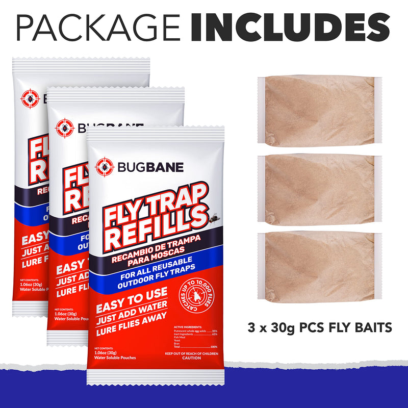 Fly Trap Bait Refills 3x30g. Natural Fly Magnet Bait Refill for All Reusable Outdoor Fly Traps. Fly Bait Refill Packets Fly Attractant Fly Bait Granules. Fly Trap Attractant - BeesActive Australia