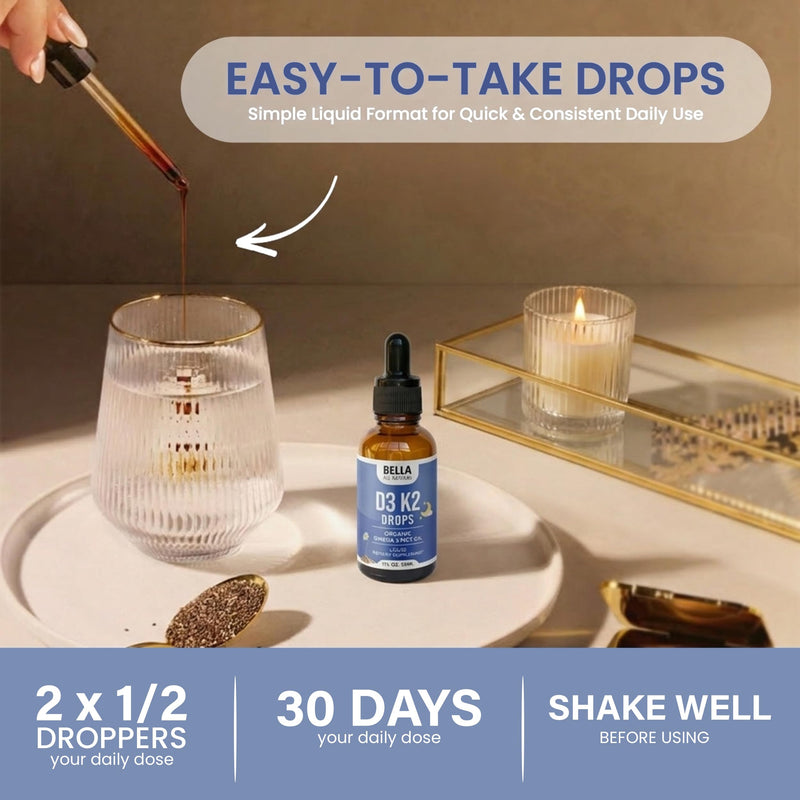 Bella All Natural Vitamin D3 K2 Drops Organic Omega 3 MCT Oil - Evening