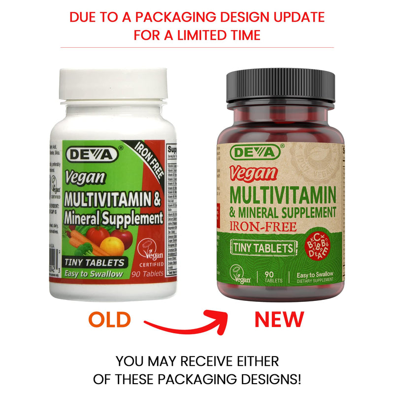 DEVA Vegan Iron-Free Multivitamin & Mineral Supplement, Vitamin C, D2, E & B-Complex, Biotin, 90 Tiny Tablets 90 Count (Pack of 1)