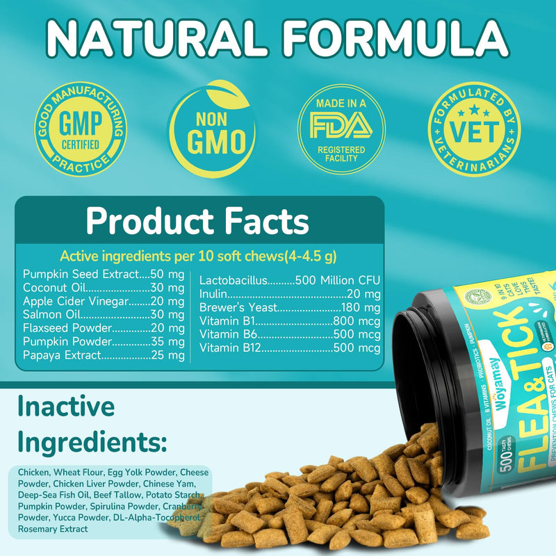 Woyamay Cat & Dog Flea and Tick Prevention Bundle, 500 Crunchy Dual-Texture Chews Each, Natural 4-in-1 Flea Defense with Skin, Coat, Gut & Immune Support, Oral Daily Flea Treatment for Cats & Dogs