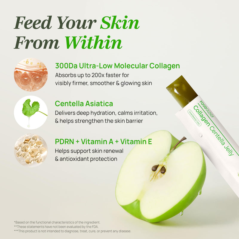 FOODOLOGY Coleology Centella Jelly Collagen Petide, Gree Apple, 10 Sticks | PDRN, Biotin & Hyaluronic Acid, Vitamin for Skin Glow, Hair & Nail Support, Korean Jelly Collagen Sticks Green Apple 10 Count (Pack of 1)