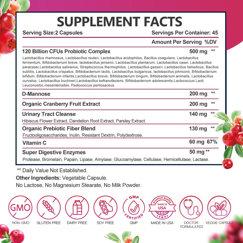 DRFOSTER Probiotics for Women Digestive Health, Vaginal probiotics 120 Billion CFU 31 Strains with Digestive Enzymes & Prebiotics & D Mannose & Cranberry for Urinary Tract, 90 Capsules (Pack of 2) 90 Count (Pack of 2)