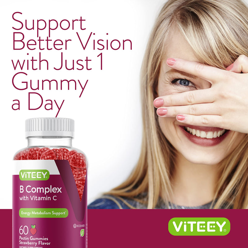 Viteey Vitamin B Complex Gummies with Vitamin C - 120 Count | B6, B12, Niacin,Folic Acid, Biotin, Pantothenic acid - Energy, Metabolism & Immune Support - Vegan, Gluten-Free 60 Count (Pack of 2)