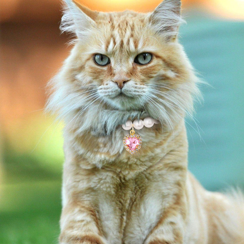 2pcs Cat Dog Pearl Collar, Small Heart Shape Rhinestone Pet Necklace, Adjustable Wedding Party Pet Jewelry Accessories for Puppy Small Cats- White & Pink - BeesActive Australia