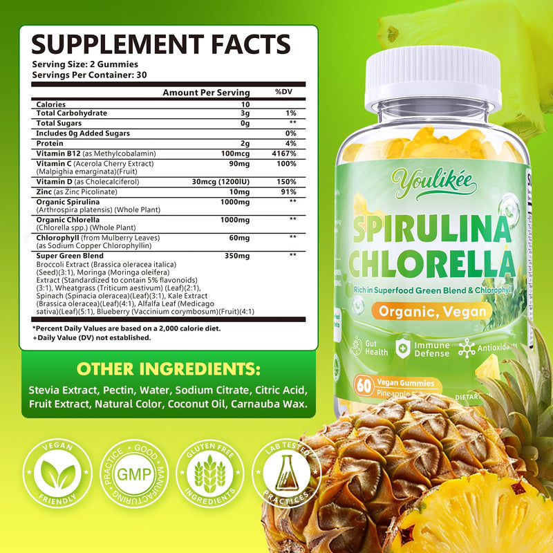 2 Pack Spirulina Chlorella Gummies, Supports Daily Energy & Immune System | Super Greens Blend with Protein, Chlorophyll, Vitamin C, D3, B12, Zinc, Pineapple Flavor, 120 Count 60 Count (Pack of 2)