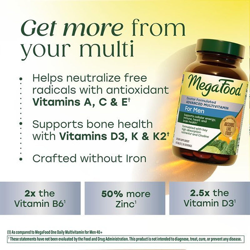 MegaFood Advanced Multivitamin for Men, Doctor Formulated, 120 Tablets | Immune Support, Cellular Energy, Heart & Brain Health, Choline, Methylfolate, Vitamin C, D3, Zinc, Vegetarian, 60 Servings 120 Count (Pack of 1)