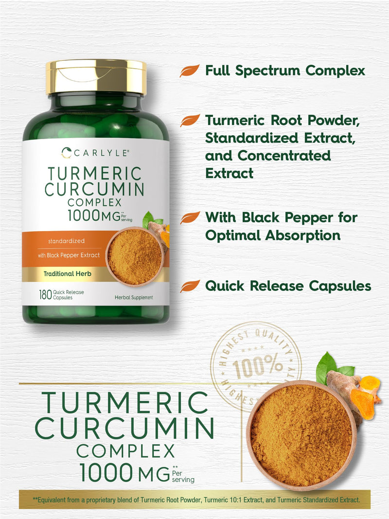 Carlyle Turmeric Curcumin with Black Pepper 1000mg | 180 Capsules | Turmeric Complex Supplement | Non-GMO, Gluten Free - BeesActive Australia