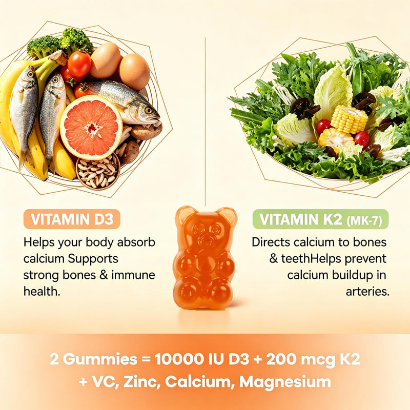 Vitamin D3 K2 Gummies, Sugar Free Vitamin D3 10000 IU & 200mcg K2 (as MK7) | D3 K2 Vitamin Enhanced with Calcium, Magnesium & Zinc for Bone, Muscle & Immune Support