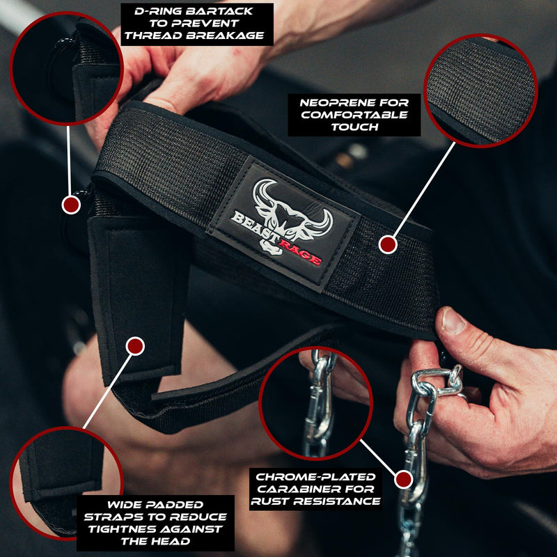 BEAST RAGE Neck Harness for Men, Long Steel Chain 30 inches Weightlifting Head Trainer Adjustable Strap Workout Muscle Strengthener Gym Training Ladies Chin Weight Training Padded Support Black