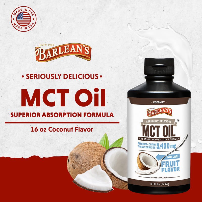 Barlean's MCT Oil Supplement, Coconut Flavored for Keto Coffee, Emulsified Creamy Liquid Syrup with 5,400mg Plant-Based MCT's to Support Energy, Focus and Wellness, 16 oz MCT Oil - Coconut Flavor 1 Pound (Pack of 1)