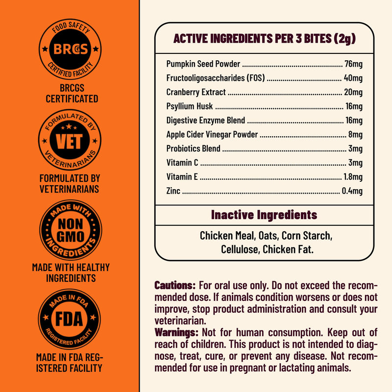 7.76 oz Anal Gland Bites for Cats - Anal Gland Health - Cat Digestive Support & Urinary Supplement with Pumpkin Seed, psyllium Husk & cat probiotic - cat Vitamins and Supplements