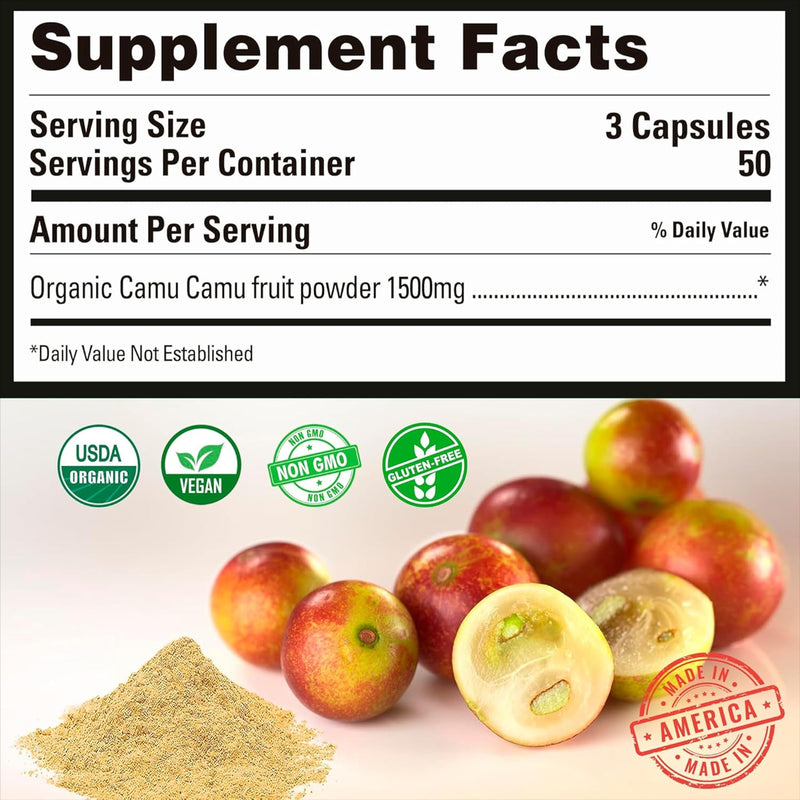 Peruvian Naturals Organic Vitamin C from Camu Camu Capsules 1,500mg - 150 Vegan Pills, Natural Vitamin C from Whole Food Camu Berry Organic, Non-GMO | Natural Vitamin C Supplement, Vegan, Antioxidant Support, Immune & Skin Health, Non-GMO