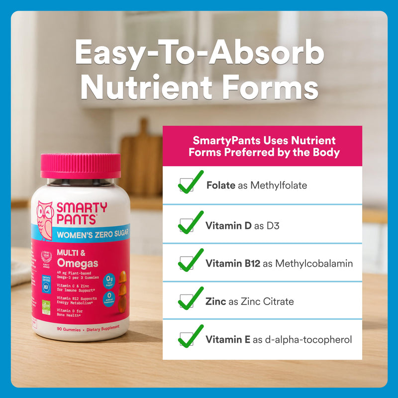 SmartyPants Women’s Zero Sugar Multi & Omegas Multivitamin Gummies with Biotin, Methylfolate, Omega 3 ALA, Vitamins D3, C, B12, Clean Label, No Sugar Alcohols, Orange Flavor, 90 Count (30 Day Supply) New Formula