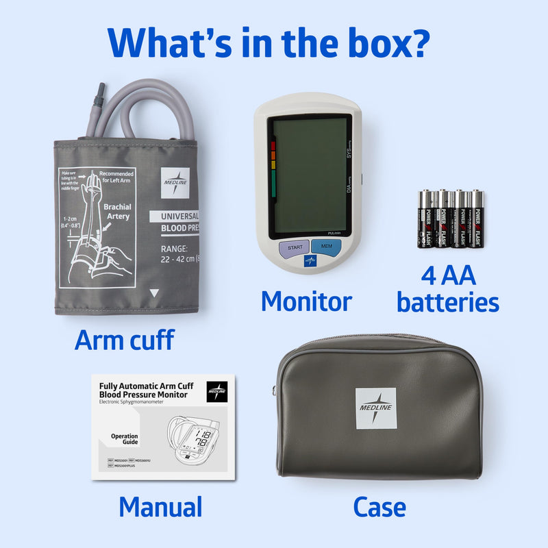 Medline Advanced Automatic Blood Pressure Monitor, Universal Upper Arm Cuff, Large Digital LCD Display, Stores Up to 90 Readings, Carrying Case and Batteries Included