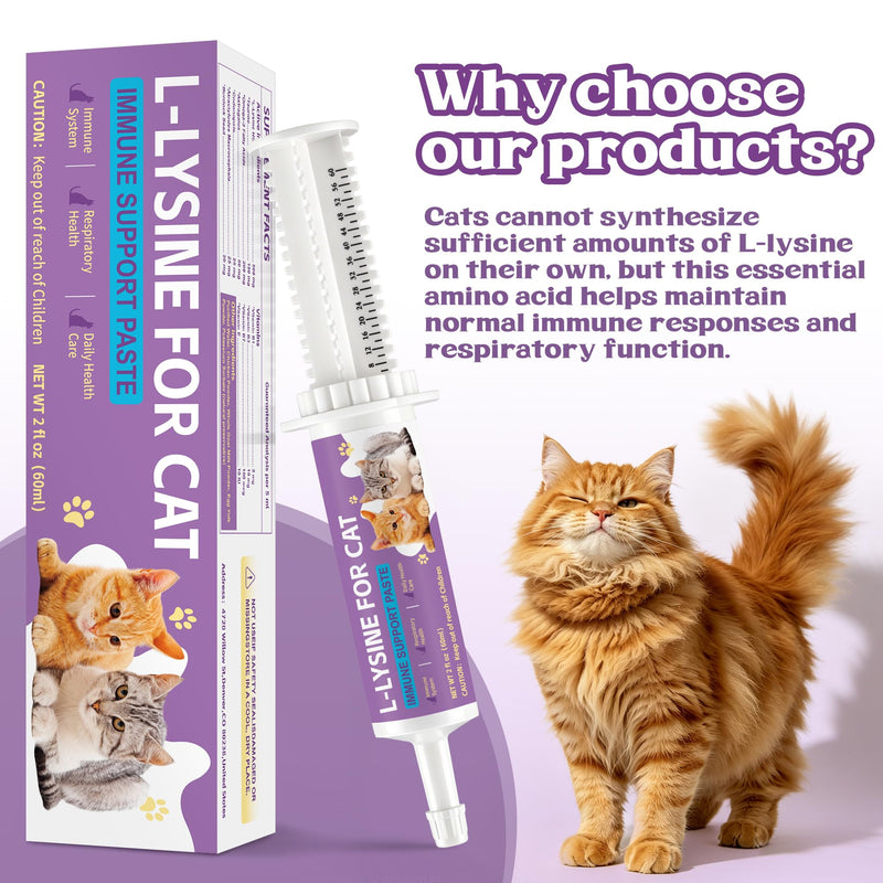 L-Lysine for Cats - Lysine for Cats Supports Immune System, Respiratory & Eye Health - Cat Supplement with Taurine, Omega-3, Vitamins & Herbal Blend - Chicken Flavor Gel, Easy to Feed, 60 ML (2 packs) 2PCS