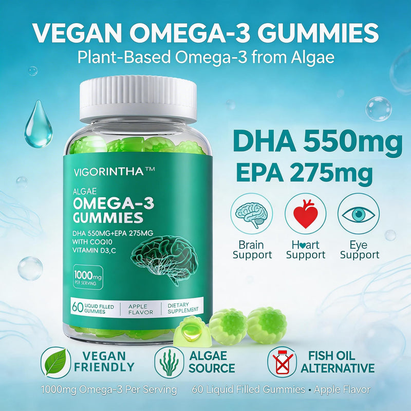 Vegan Omega 3 Gummies 1000mg with Coq 10, Vitamin D3,E,C,Omega 3 Fish Oil Alternative for Adults, Plant Based DHA 550mg & EPA 275mg for Brain, Mobility, Eye, Sugar Free, 60 Count 60 Count (Pack of 1)