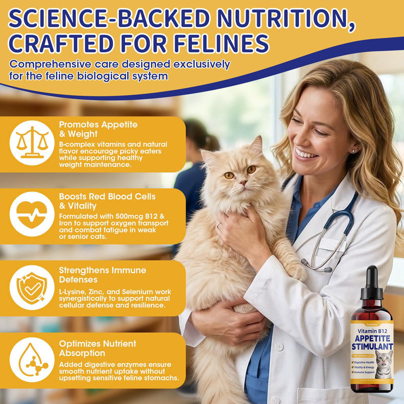 Cat Appetite Stimulant & Weight Gainer - Liquid B12 for Senior & Low Weight Felines - Supports Energy, Recovery, Digestion & Immune Health with L Lysine, Iron, Taurine - Cat Vitamins and Supplements