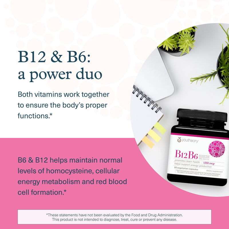 Youtheory B12B6, 60 Vegetarian Capsules, 60-Day Supply | Vegan Vitamin B6 and Vitamin B12, Offers Brain Health, Energy, and Immunity Support*, Dairy, Soy, and Gluten-Free Unflavored 60 Count (Pack of 1)